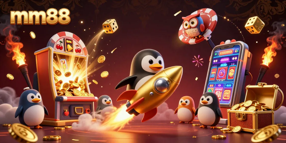 Experience thrilling gameplay with mm88, featuring a dynamic scene of a golden penguin in a vibrant casino universe.