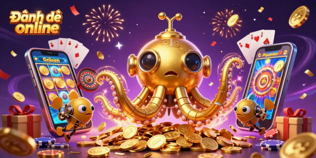 Engage in Đánh đề online with thrilling slot games and celebratory elements in a vibrant 3D scene.