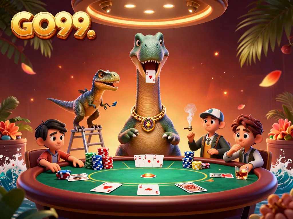 Experience thrilling poker action with GO99. A massive brontosaurus oversees a dynamic game scene.