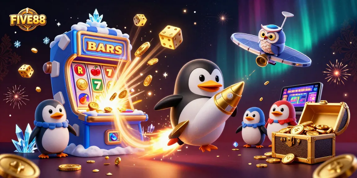 Play thrilling games at FIVE88 with a vibrant 3D illustration of exciting casino adventures.