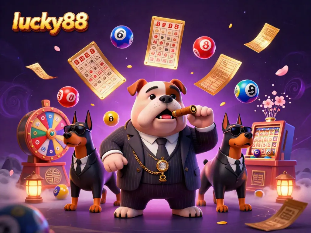 Engage in lively gambling at lucky88 with a dynamic scene of a mafia boss bulldog and bodyguards amid lottery elements.
