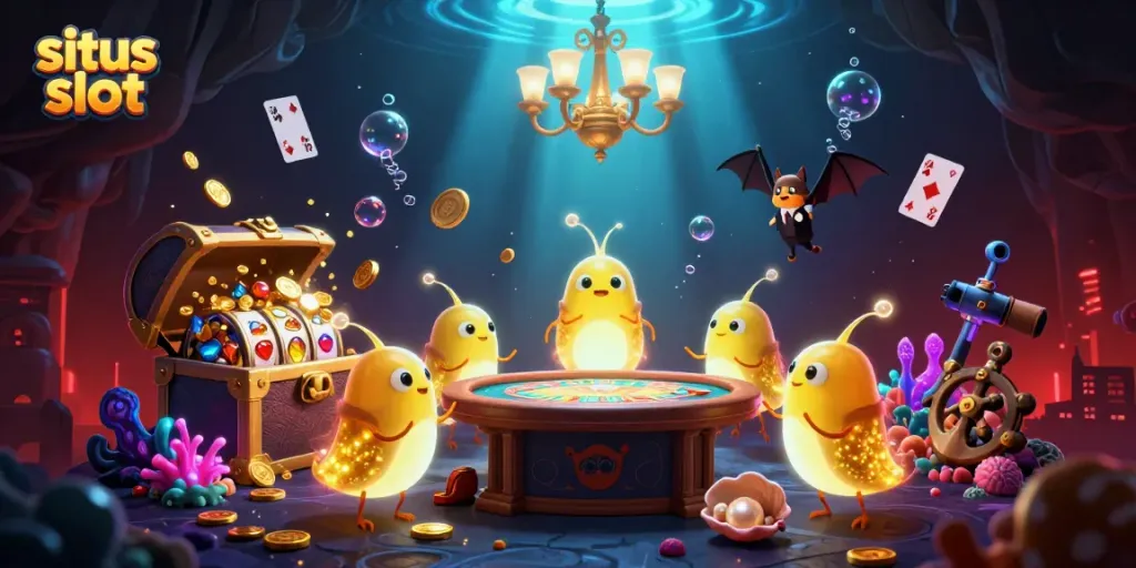 Illuminate your gaming experience with a lively scene at situs slot showcasing glowworms and a bat dealer in a vibrant cave casino.