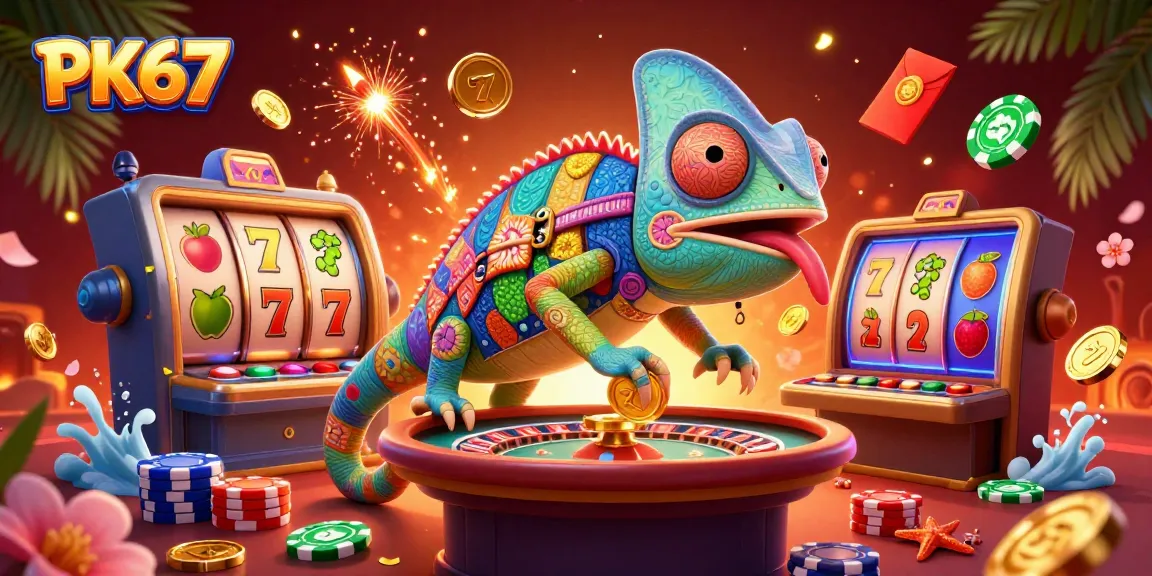 PK67 casino chameleon owner amidst dynamic slot reels and festive elements.