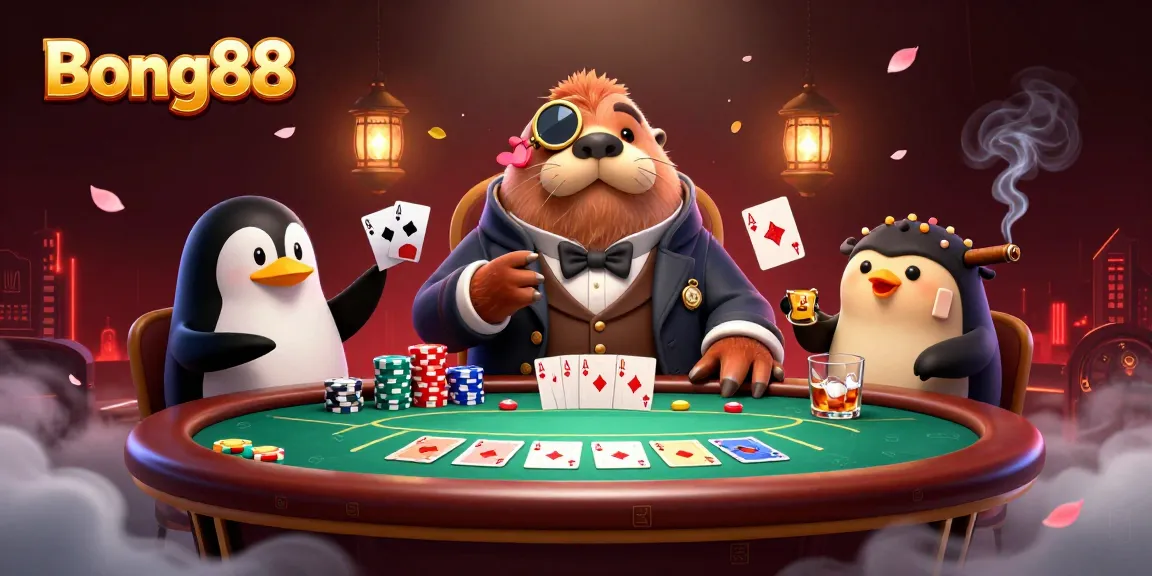 Bong88 features a colorful underwater casino scene with dynamic characters playing poker, showcasing thrilling betting action.