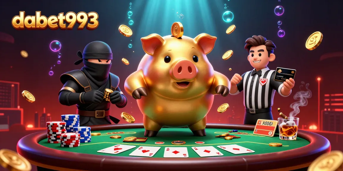 Dabet993 showcases an adventurous gaming scene with dynamic casino elements, featuring a sumo wrestler, ninja, and referee.