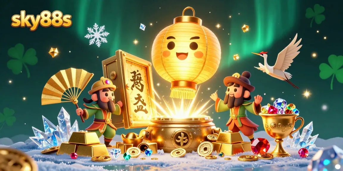 The sky88s lantern spirit enchants gamblers in a vibrant casino scene filled with treasures and lucky symbols.