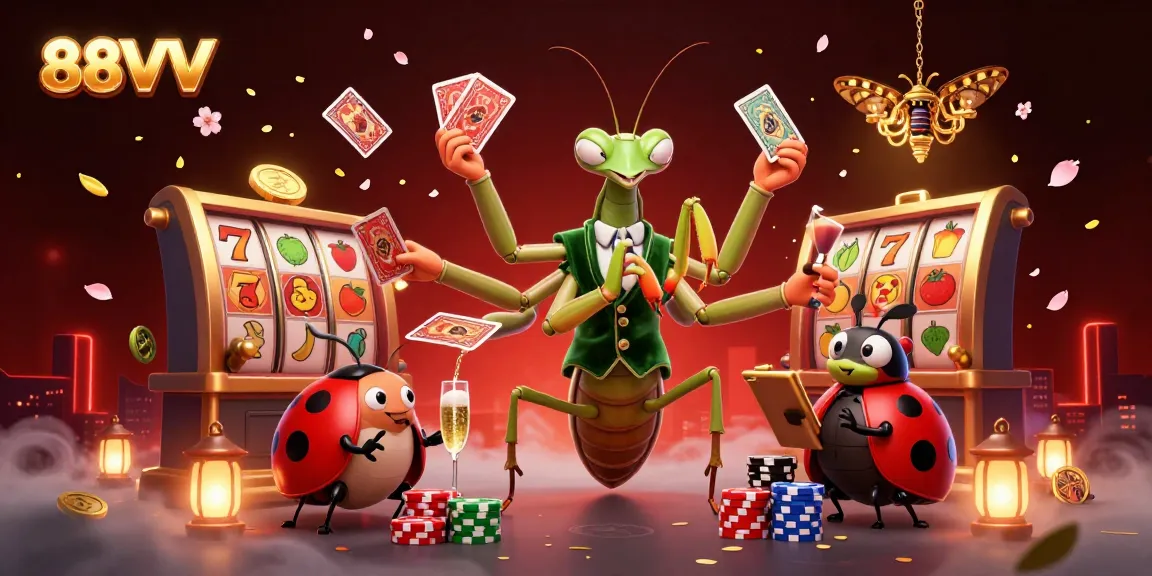 Engage with 88VV's vibrant casino scene featuring a giant mantis and a ladybug boss enjoying gaming action.