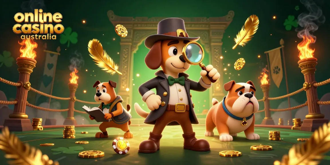 Engage with the dynamic world of online casino Australia featuring a detective and bulldog discovering a poker chip clue.