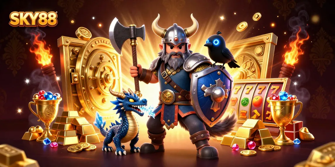 Engage with exciting slots at SKY88, featuring a Viking warrior, dragon, and golden treasures.