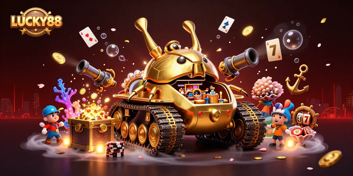 LUCKY88 slot gaming scene with a golden beetle tank and dazzling casino elements.