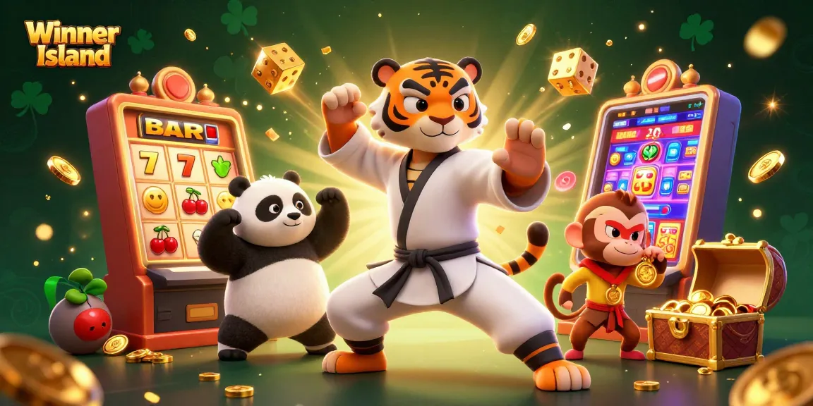 Experience the excitement at Winner Island with cartoon characters amidst vibrant casino elements.