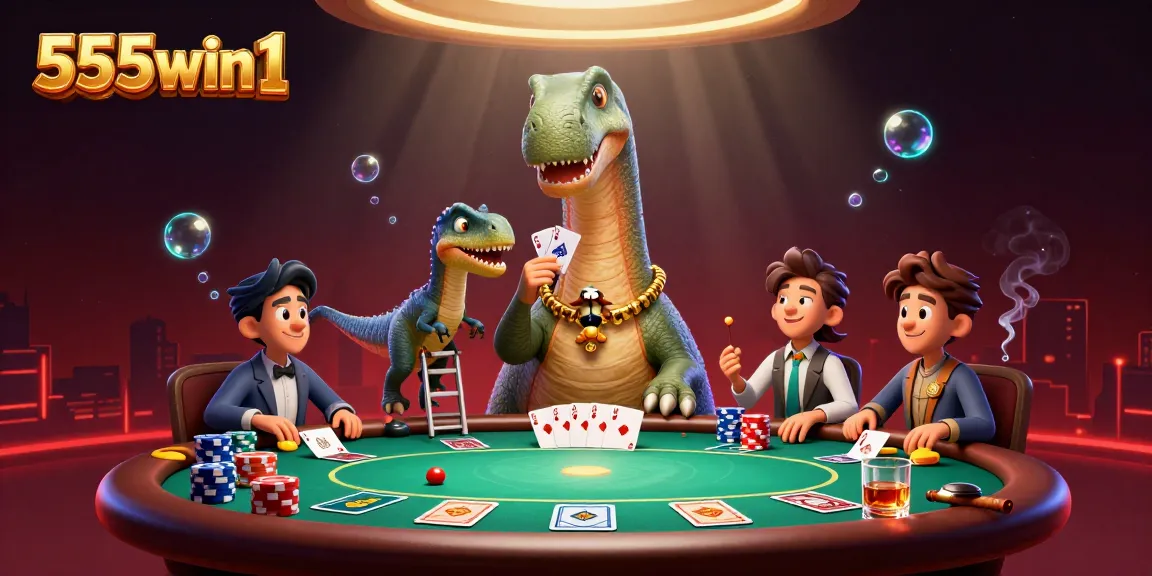 Experience the excitement of poker in 555win1's vibrant casino scene featuring a playful brontosaurus and clever raptor.