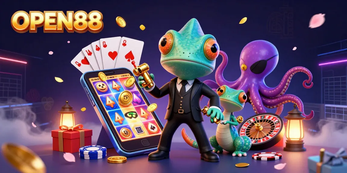 Exciting OPEN88 slot game scene with vibrant characters and dynamic casino elements.