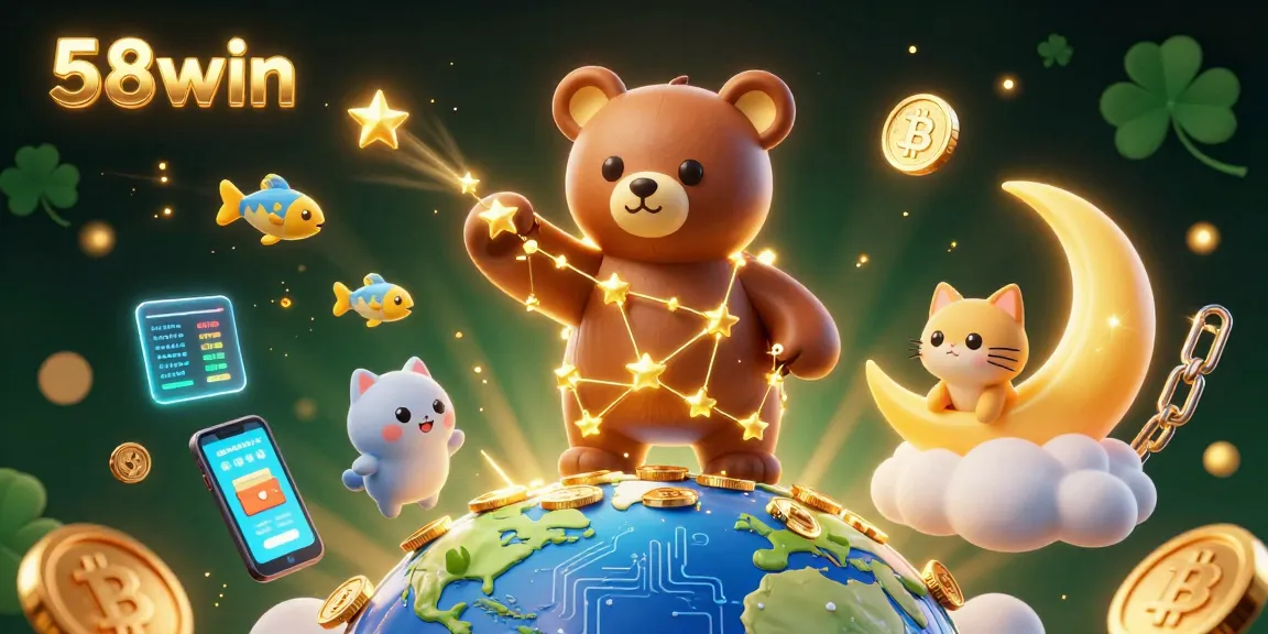 Engage with thrilling opportunities at 58win, featuring cartoon constellation bear and vibrant game elements.