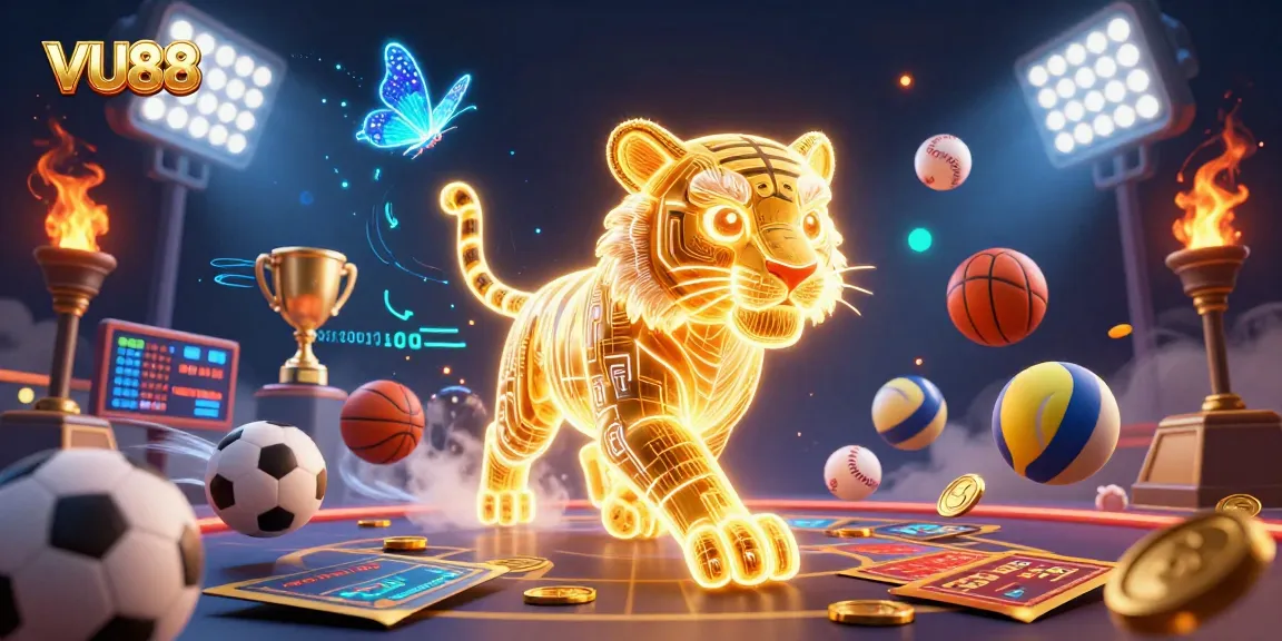 Experience the vibrant games at VU88 with our golden tiger character in a digital casino landscape.
