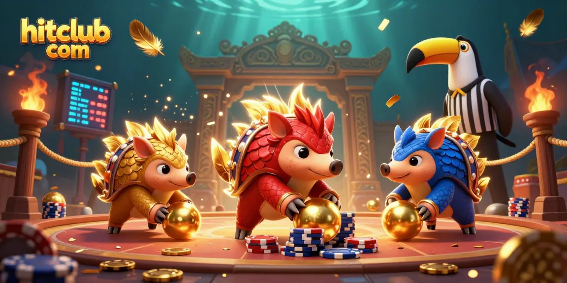 Engage with hitclub com as rival pangolins in a casino battle amidst poker chips and vibrant energy.