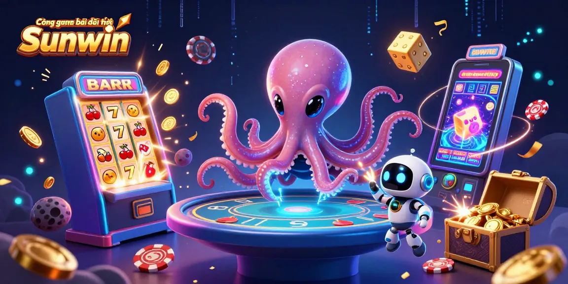 Cổng game bài đổi thưởng Sunwin showcases a vibrant 3D scene with an alien octopus at a poker table, surrounded by dynamic casino elements, captivating players in 2026