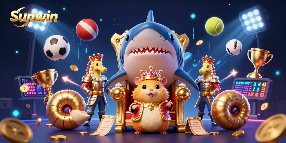 Sunwin enhances gaming excitement with a 3D illustration of a golden hamster king amidst dynamic gambling elements.