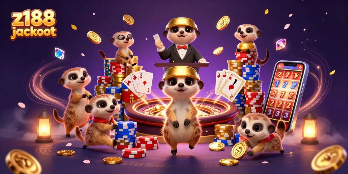 Experience the thrill of z188 jackpot with a lively scene of meerkats running a dazzling casino.