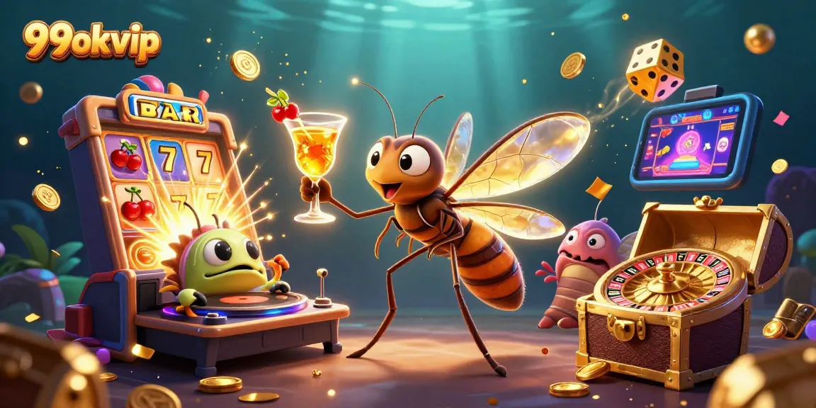 Experience the excitement of 99okvip with casino features including a golden cocktail mascot, roulette, slot machines, and lively gaming visuals.