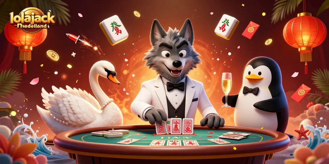 Engage with lolajack-nederland's vibrant casino scene featuring a debonair wolf, elegant swan, and a penguin sommelier.