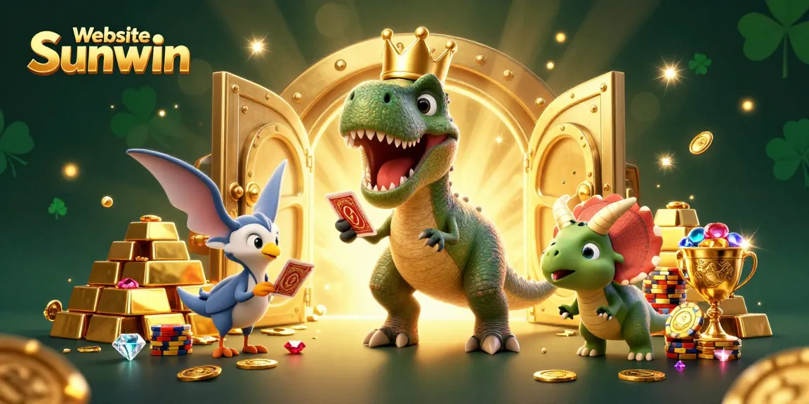 Experience thrilling wins at Website Sunwin with a lively casino illustration featuring adorable casino-themed dinosaurs.