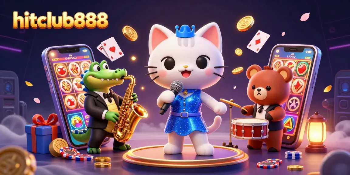 hitclub888 engages players with vibrant slot gaming elements in a lively 3D casino scene