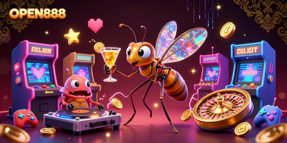 Experience the thrill of OPEN888 with a vibrant casino mascot and dynamic gaming elements.