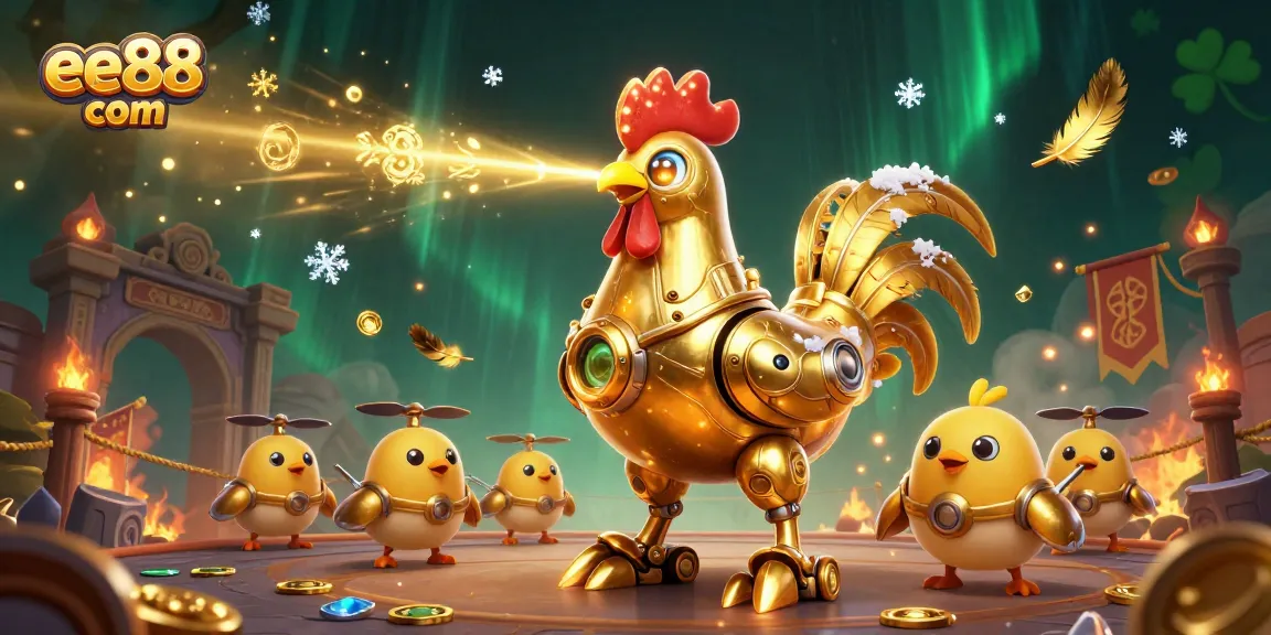 Win big with strategy at ee88 com, featuring a golden rooster robot in an exciting casino scene.