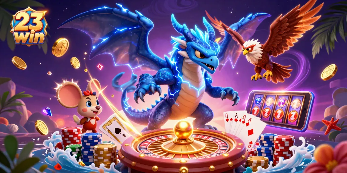 Win exciting prizes with 23win's enthralling gaming experience featuring vibrant casino elements.