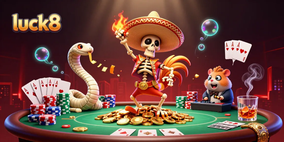 Engage in an exciting win with luck8's vibrant casino scene featuring a victorious rooster and golden winnings.