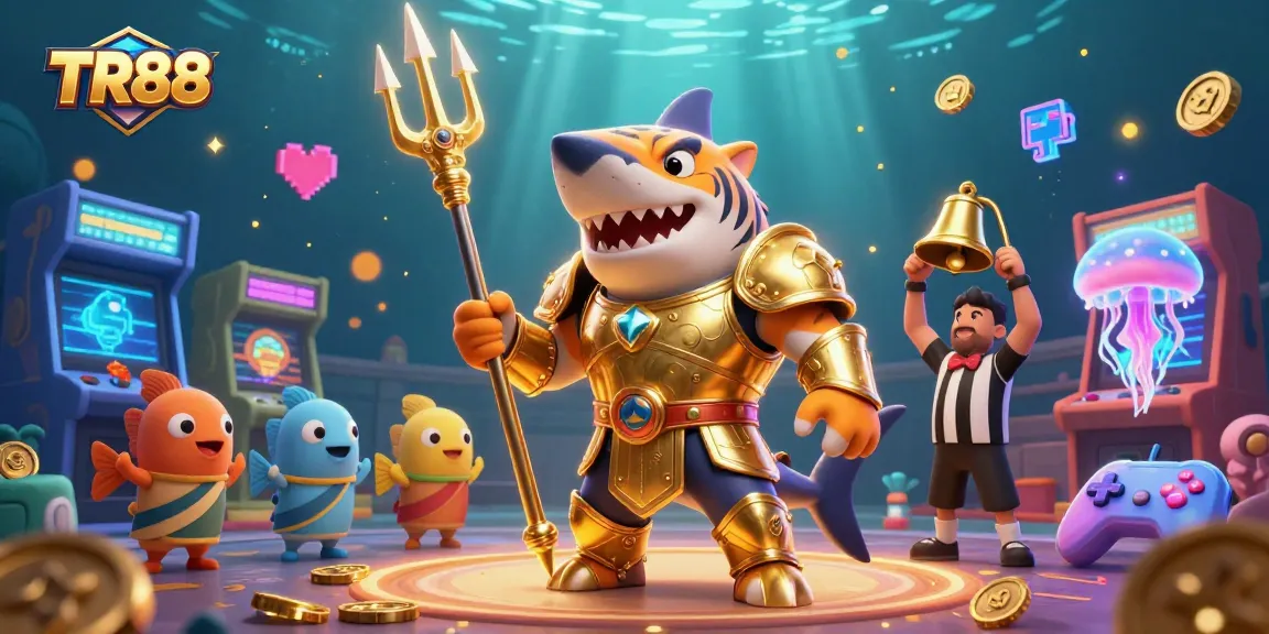 Experience thrilling gameplay at TR88 with a vibrant underwater scene featuring a tiger shark in gladiator armor.