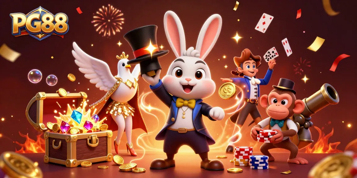 Engage in thrilling gaming at PG88 with a magician rabbit conjuring prizes amidst festive casino chaos.