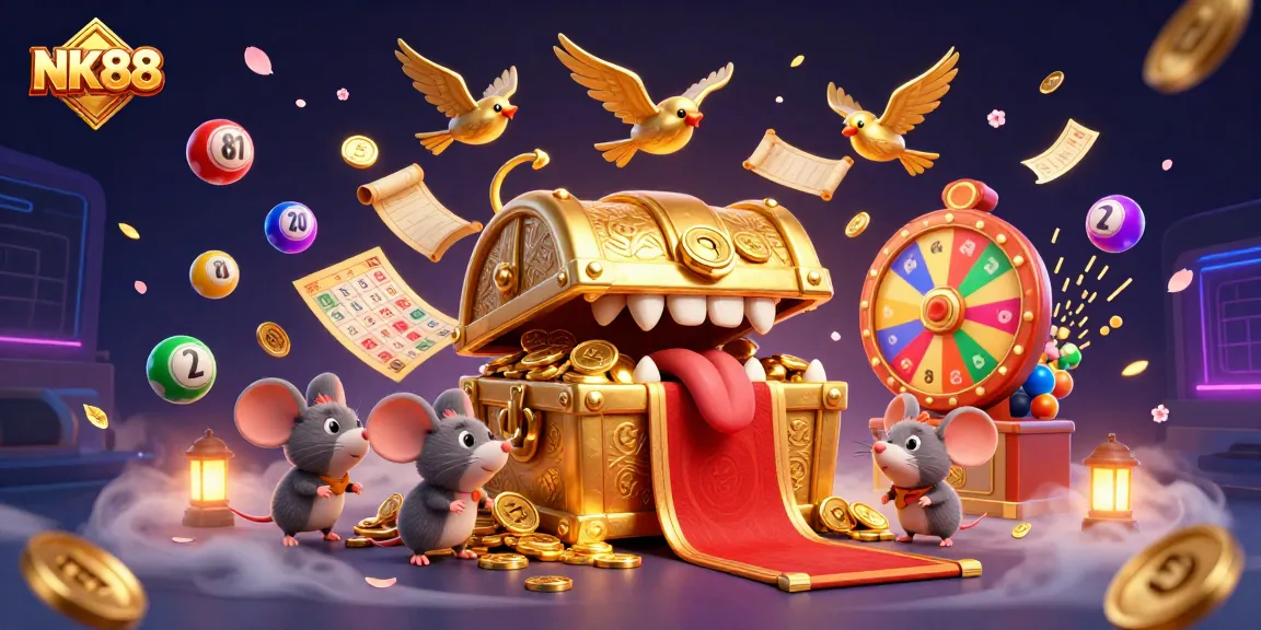 Win big at NK88 with colorful lottery balls and golden treasures in this vibrant casino illustration