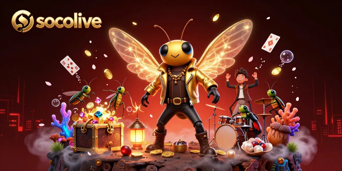 Engage with Socolive's thrilling atmosphere of online gambling, featuring a vibrant rock star scene amidst treasure and gaming elements.