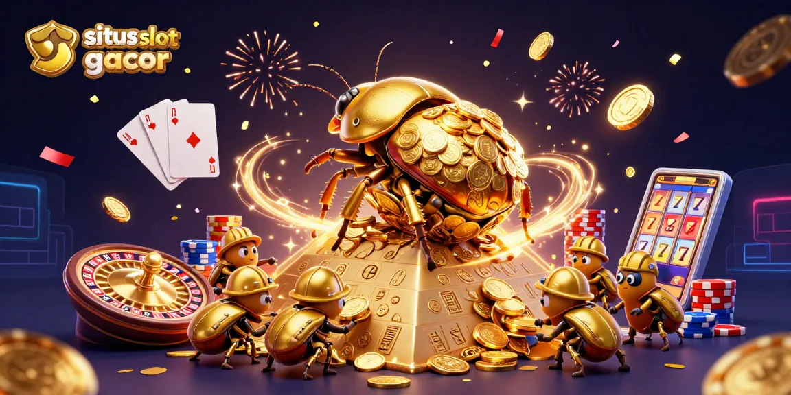 Experience the excitement of situs slot gacor with a vibrant, animated casino scene featuring golden beetles and flying coins.