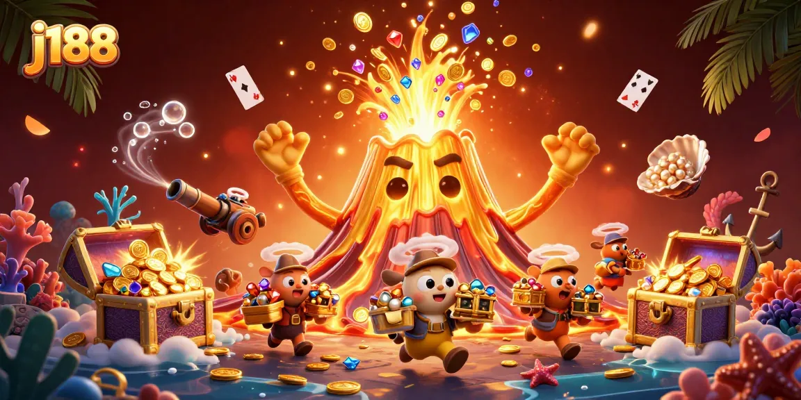Experience j188's thrilling eruption of golden treasures amid adventurous creatures in an exciting casino scene.