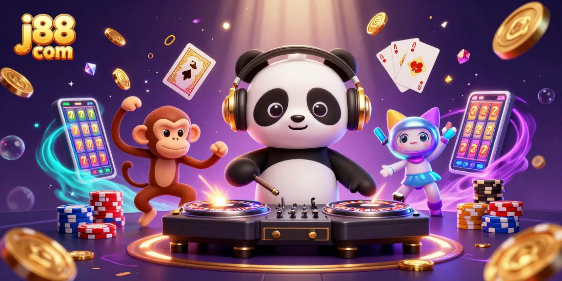 Experience j88 com thrills as DJ panda spins amidst colorful casino elements in a vibrant party scene.