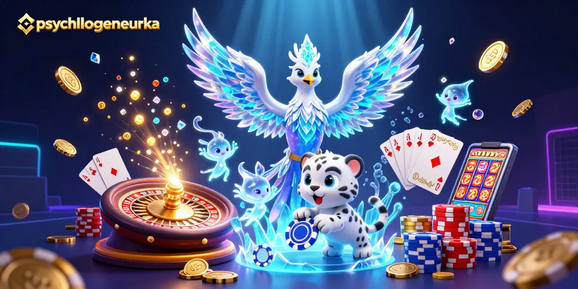 Engage with psychologeneureka in an exciting casino landscape featuring vibrant characters, poker chips, and shimmering treasures.