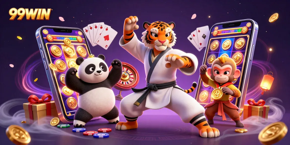Engage in thrilling gameplay at 99WIN, featuring a kung fu tiger amidst vibrant slots and casino elements.