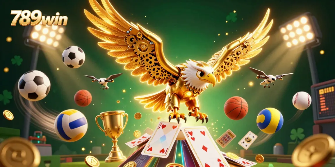 Experience the thrill of 789win with a golden eagle amidst a vibrant sports betting scene filled with dynamic elements.