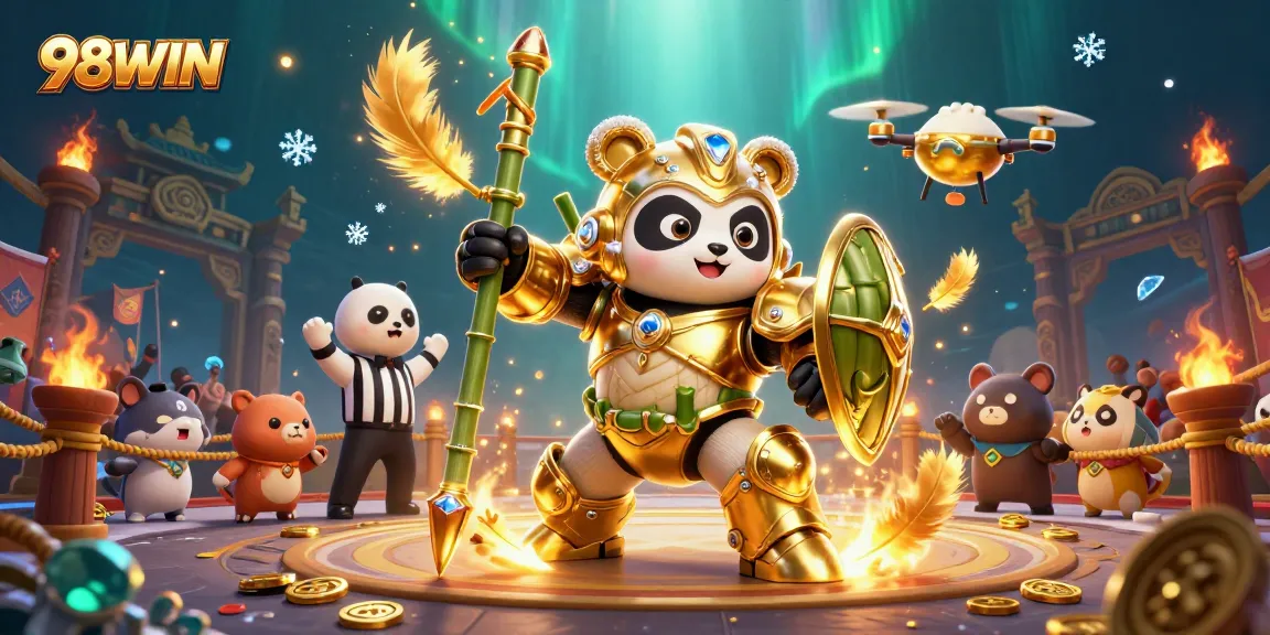 Engage in thrilling bets at 98WIN with a dynamic 3D scene of a panda in a mech-suit.