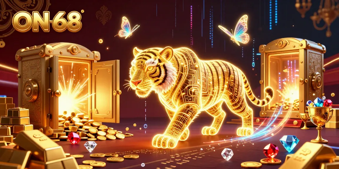 Experience the thrill of ON 68 with a vibrant digital casino scene featuring a golden tiger.