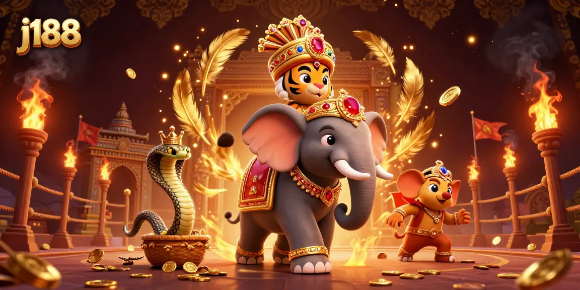 Engage with j188 as a vibrant 3D scene featuring a maharaja tiger, elephant, and cobra surrounded by casino elements.