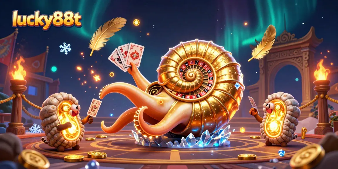 Engage with lucky88t's vibrant casino world featuring a giant nautilus roulette wheel and glowing companions.